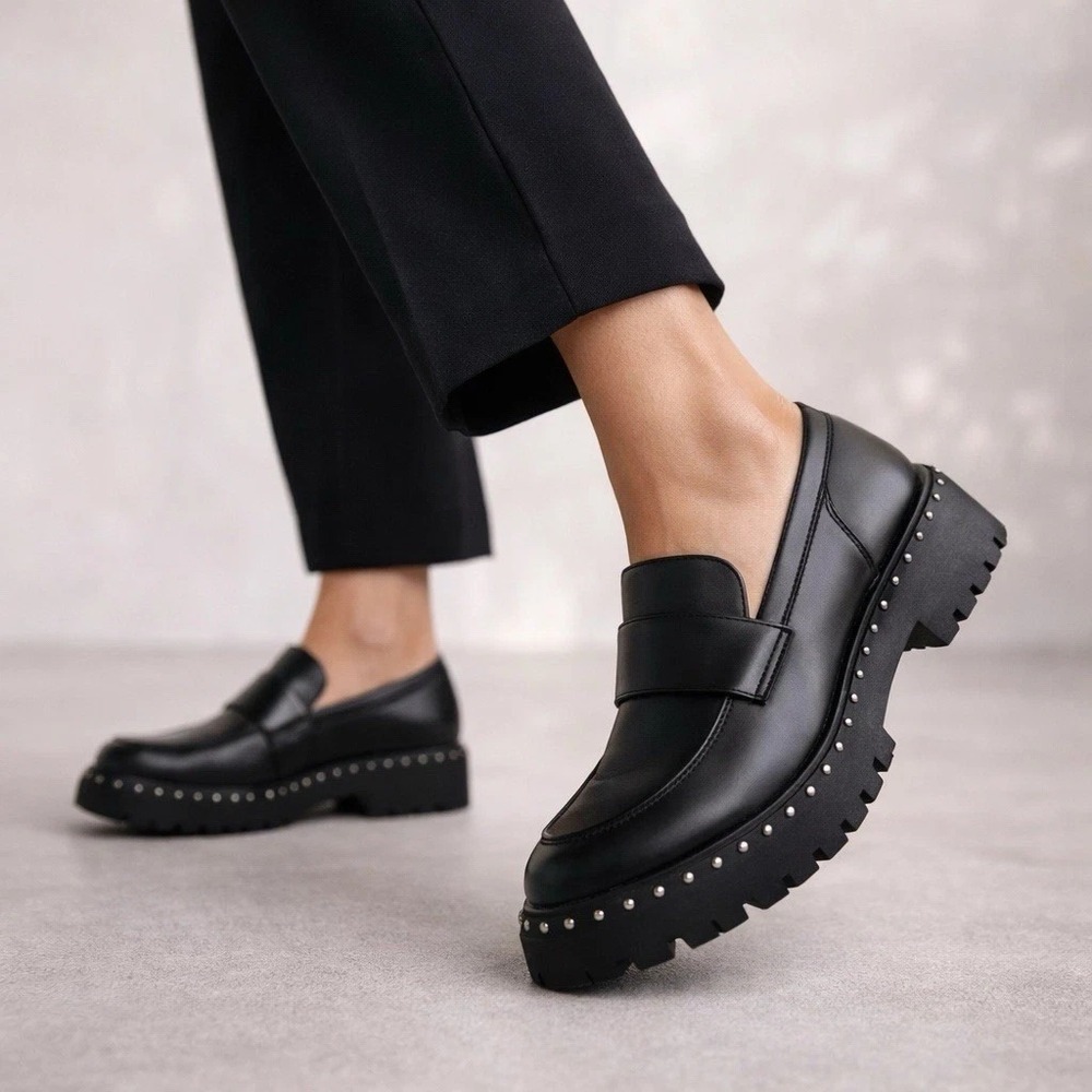 Schutz Christie Shoes Women US 8 B Black Leather Studs Platform Penny Loafers
